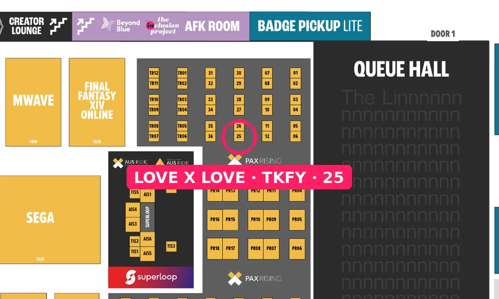 PAX Aus 2026 Expo Hall map with booth 25 circled in PAX Rising, beside Final Fantasy XIV Online and below the AFK Room.
