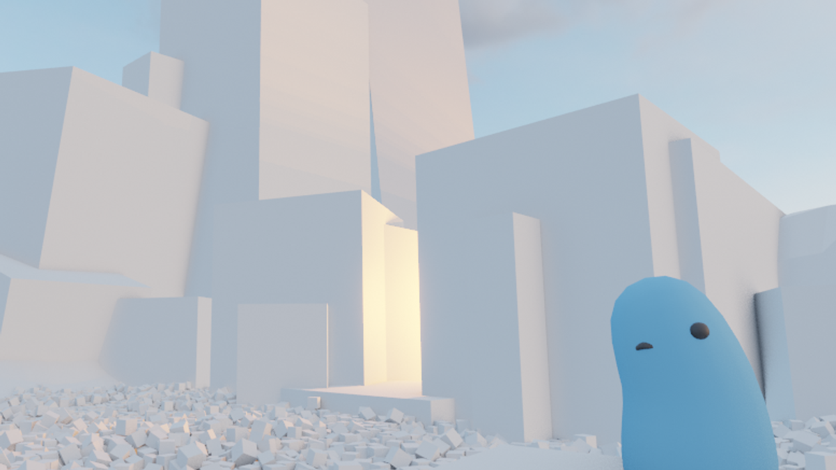 Bob, a friendly blue character, stands in a bright blocky 3D city built in a game engine — the kind of world kids create in the Bob's Adventures workshop.